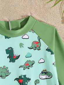 幼儿男童卡通恐龙印花长袖连体泳衣，带帽子，适合海滩、度假、游泳 - 彩色 - 查看 3