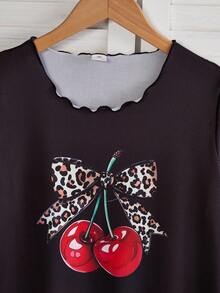 2 piezas Camisón de manga corta con cuello redondo y estampado de cerezas y leopardo, ropa de estar en casa elegante y linda para niñas - Negro - Ver 4