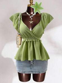 Sunspun Plus Size Women Textured Solid Color Top, Green Ruffle Sleeve Crossover V-Neck Cinched Waist Ruffle Hem Elegant Blouse - Green - View 1