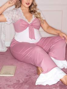 Slumberry CURVE Conjunto de ropa de estar en casa informal con top con pliegues de encaje y pantalones para mujer de talla grande - Rosa - Ver 5