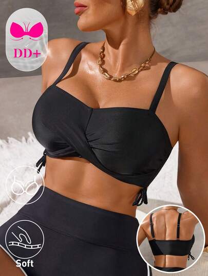 Swim DD+ Đồ bơi nữ Xuân Hè 2026, Áo bơi nữ, Sản phẩm đơn lẻ, Thanh lịch Lãng mạn Gợi cảm với họa tiết thắt nút cho khu nghỉ dưỡng biển, Dành riêng cho vòng ngực DD+, Dây đeo vai rộng thoải mái, Áo ngực có đệm rời, Áo bikini, Màu đen, Gợi cảm Sang trọng, Thanh lịch Tinh tế, Kỳ nghỉ lãng mạn, Thời trang mới Xuân Hè 2026, Năm mới, Ngày Valentine, Trở lại trường học, Mùa du lịch, Thích hợp cho Kỳ nghỉ, Bãi biển, Tiệc trà chiều dã ngoại, Tiệc tùng, Mặc hàng ngày, Giải trí, Thể thao ngoài trời, Trang phục thời trang