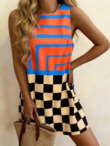 Vaclyn Đầm nữ cổ tròn in họa tiết hình học, thích hợp mặc hàng ngày hoặc đi nghỉ mát. - Nhiều màu - Xem 5