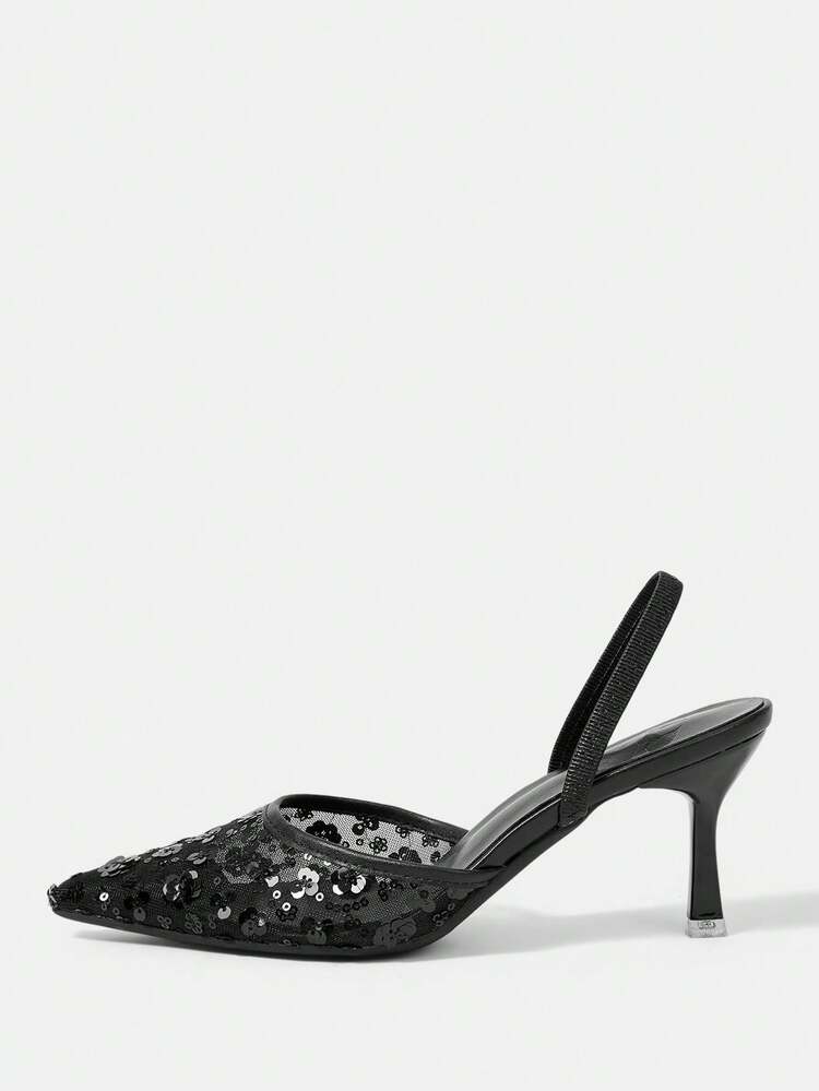 CUCCOO HITCHD Spring And Autumn New Product Black Thin Heel Pointed Mesh Sequins Fashion Women's High Heel Shoes Summer Shoes Wedding Shoes Bride Shoes