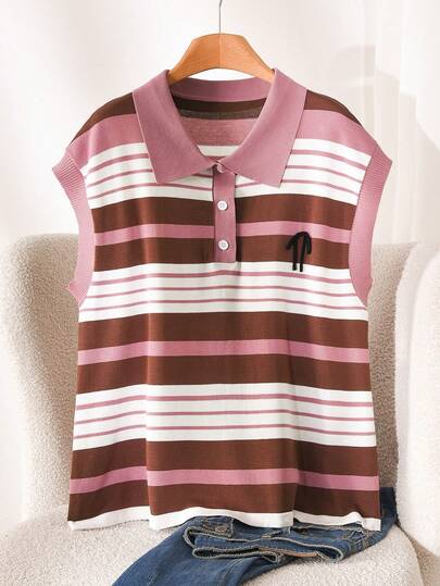 CosyJoli Blusa casual de punto holgada con cuello polo, a rayas y contraste de color, con bordado de mariposa, para mujer de talla grande, para verano