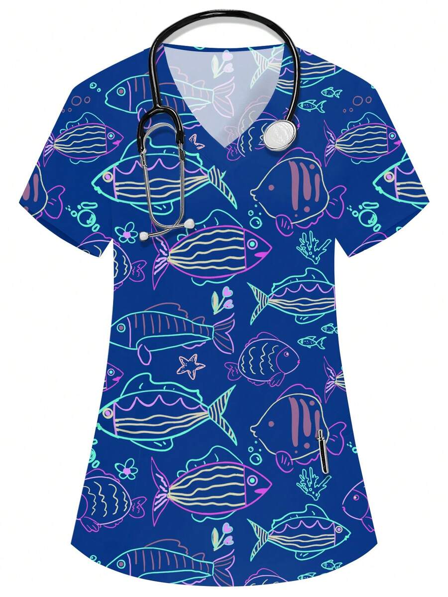 PopScrub Women Blue Hospital V-Neck Short Sleeve Blouse,Cute Cartoon Underwater Fish Animal Print Scrub Top With Dual Pockets,Nurse Doctor Healthcare Uniform - Blue - View 1