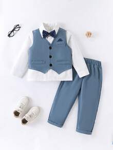 SHEIN 3 pezzi/set Outfit formale da ragazzo giovane con papillon, gilet e pantaloni, nuovi arrivi autunno/inverno per matrimonio, invitato al matrimonio, paggetto, ragazzo delle fedi - Blu verde acqua - Visualizzare 8