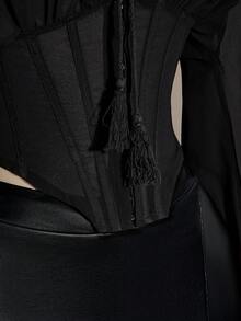 SHEIN ICON 女士棕色露肩长袖西式拼接腰部上衣，秋冬季 - 黑色 - 查看 7