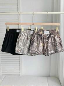 SHEIN EZwear 3件套女士休闲迷彩印花短裤套装，梭织面料，舒适日常穿着 - 彩色 - 查看 4