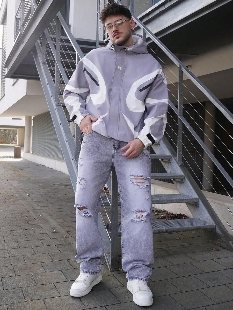 LEOGASHI LEOGASHI 男士破洞直筒牛仔裤