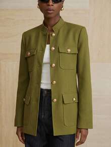 Aveloria Modichic Stand Collar Thick Tweed Single-Breasted Metal Button Decor Belt Utility Jacket - Green - View 3