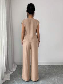 Elenzga Áo sơ mi nữ thanh lịch, màu xanh dương, xếp ly, eo điều chỉnh được, thắt nơ + Quần ống rộng, cạp cao, có túi, thanh lịch, phù hợp cho công sở - Màu Khaki - Xem 2