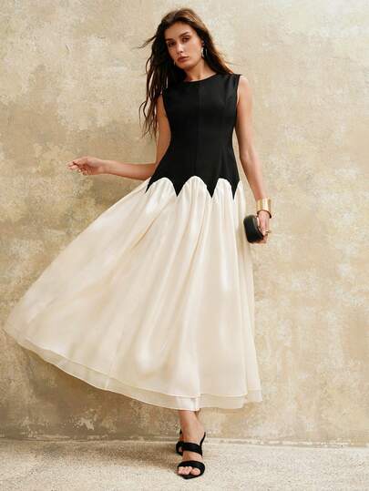 Arave 女士梭织棉纱混纺无袖圆领收腰花瓣拼接设计休闲长裙