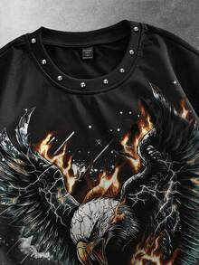 ROMWE MEN Street Life Men's Loose Fit Drop Shoulder Short Style Printed T-Shirt - Black - View 3