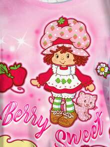 Strawberry Shortcake X SHEIN Áo thun ngắn tay in hình hoạt hình cỡ lớn dành cho nữ, kiểu dáng thường ngày, đa năng. - trắng - Xem 4