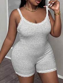 Slaydiva Combinaison gris clair texturée à fines lignes pour femmes grandes tailles, coupe slim, avec dentelle contrastante, décolleté dégagé, sans manches, convient pour le port quotidien, décontracté et sportif, printemps/été - Gris pâle - Voir 4