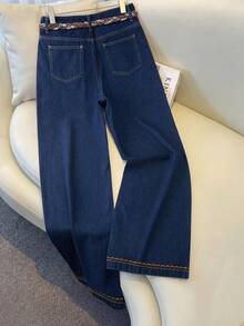 GlowEve Quần jeans ống rộng nữ có túi và cúc, kiểu dáng thường ngày, đa năng. - Màu xanh lam - Xem 2