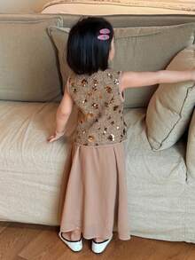 Dazy Kids 2件組少女亮片裝飾無袖上衣 & 裙子套裝 夏季 - 卡其色 - 查看 4