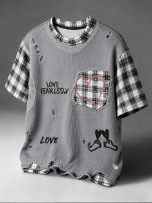 Manfinity EMRG Men's Round Neck Plaid Splicing Letter Graphic Distressed Casual Versatile Daily Wear Short Sleeve T-Shirt - Multicolor - View 3