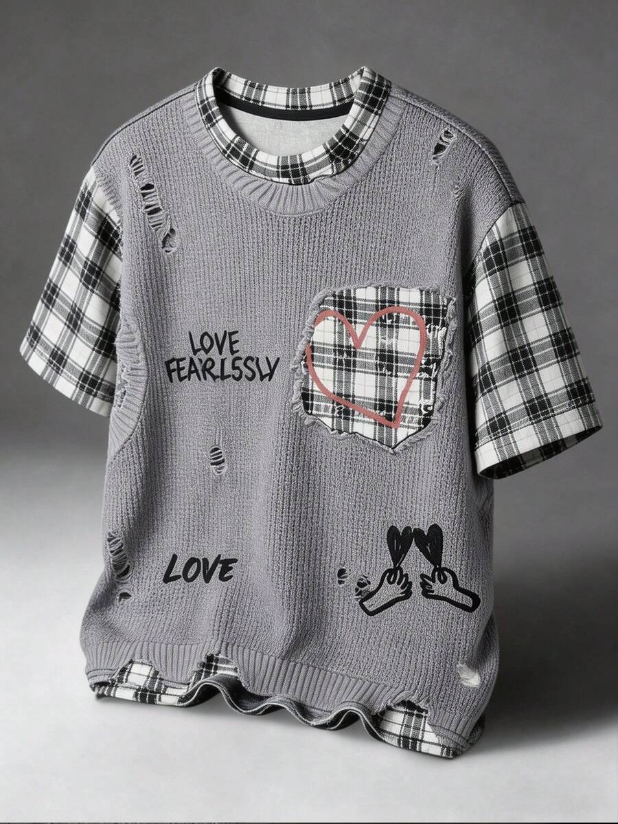 Manfinity EMRG Camiseta de manga corta de cuello redondo para hombre con estampado a cuadros, gráfico de letras y efecto desgastado, de uso versátil y casual para uso diario - Multicolor - Ver 1