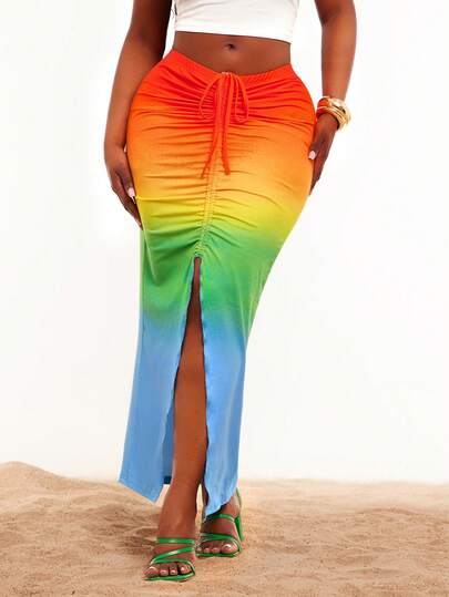 SHEIN SXY Chân váy maxi ôm dáng cạp cao, xếp ly, buộc dây, in họa tiết ombre nhiều màu sắc, cỡ lớn.