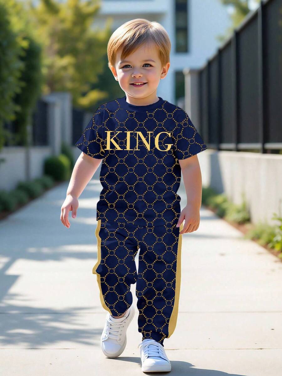 Kleine Jungen Neuer Lässiger Minimalistischer Retro Blumen Englisch Buchstabe "King" Sportlicher Amerikanischer Vintage Farbblock Bequemer Weiter Rundhals Kurzarm T-Shirt und Hose Set - Verschiedenfarbig - Übersicht 1