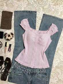 Elamini Women's Pink Ruffle Trim Fitted Casual Vacation Striped Shirt - Pink - View 1