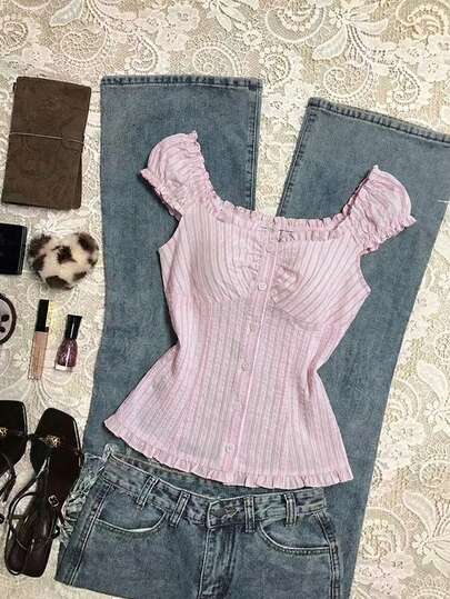 Elamini Women's Pink Ruffle Trim Fitted Casual Vacation Striped Shirt