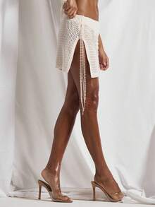 MUSERA Crochet Knit Low Rise Pearl Beaded Belted Mini Skirt Spring Summer Elegant Vacation Holiday Ibiza Club Occasion Sexy Seashell Shores - Beige - View 3