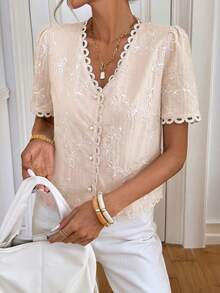 Easowa Damen Lässig Bestickte Knopfleisten Kurzarm Bluse, Damen Tops und Blusen, Damen Sommer Outfits, Damen Frühlings Outfit, Perlenbluse, Damen Tops für den Sommer, Französischer Stil Bluse, Spitzen T-Shirt, Spitzenhemden für Damen, Spitzenbluse für Damen - Pink - Übersicht 3