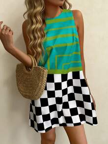 Vaclyn Women's Checkered Patchwork Casual Date Party Mini Dress - Multicolor - View 4