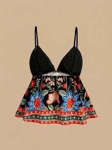 SHEIN TRVLCHIC Áo hai dây nữ kiểu dáng thường ngày in họa tiết nhiệt đới - màu đen - Xem 2