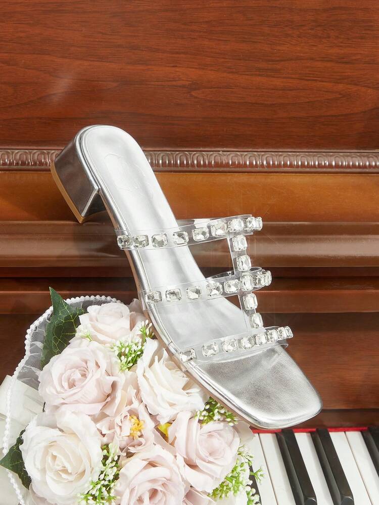 CUCCOO HITCHD Women's Silver Rhinestone Decor Transparent Strap Open Toe Mid Heel Mules, Fashionable Elegant Slip-On Comfortable Sandals With Stylish Goddess Vibe