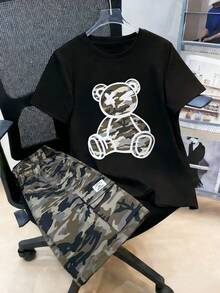 2pcs Teenage Boys' Casual Camouflage Print Round Neck Pocket Fashion Commuter Outfit, Summer - Green - View 1