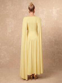 Lumalex Women's Solid Color Draped Design Ruched Waist Elegant Long Dress For Party - Light Yellow - View 2