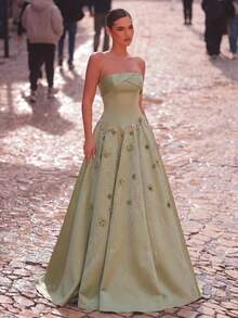 Glamrae 优雅浪漫时尚的绿色缎面不对称拼接水钻装饰3D立体花卉A字型正式派对婚礼宾客礼服，绿色晚礼服 - 綠色 - 查看 5