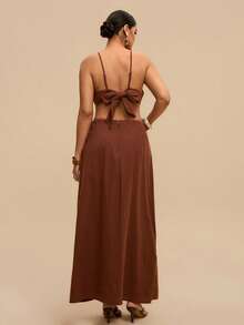 Levarali Plus Size Women's Chocolate Brown 2-Piece Skirt Set,Boho Summer Holiday Beach Outfits,Floral Shaped Camisole Top&Backless Textured Fabric Vacation Set - Brown - View 2