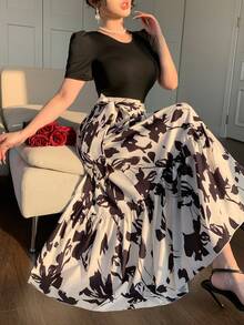 DAZY Đầm nữ thanh lịch in hoa, viền bèo nhún, thích hợp cho mùa hè. - màu đen - Xem 1