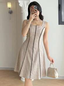 Modelyn Đầm hai dây cổ vuông phong cách thường ngày dành cho nữ - Màu Khaki - Xem 5