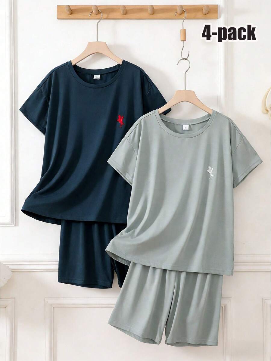 Conjunto de 4 piezas de pantalones cortos y camiseta de manga corta de estilo casual y holgado para niños, en azul marino y azul claro, con bordado de cactus, cómodo y suave, estilo minimalista para usar en verano - Multicolor - Ver 1