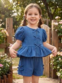 Emery Rose Kids Emery Rose Kids 2pcs/Set Young Girl Casual Comfortable Round Neck Puff Sleeve Ruffle Bow Decor Shirt And Shorts Set,Kids - Blue - View 3