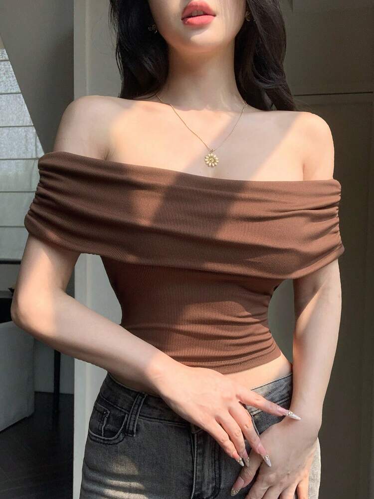 Brown Fitted Cropped Off Shoulder Camisole Top, Fashionable For Music Festivals, Summer & Spring