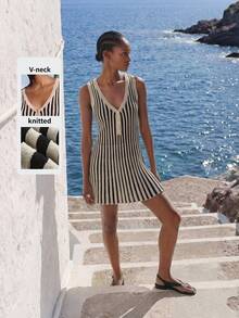 Maija Outfit Deas Of  Dress,Women's Striped Button Design Sleeveless Casual Knit Dress,Beach Dresses ,Vacation Dresses,Holiday Outfits For Women - Multicolor - View 7