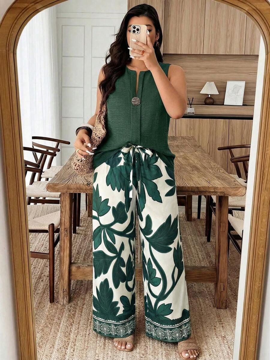 Weeklong Conjunto informal de 2 piezas con estampado floral y decoración de botones para mujer talla grande, primavera/verano - Multicolor - Ver 1