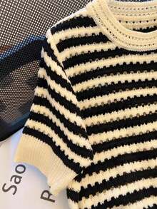 Franclia Áo len ngắn tay cổ tròn kẻ sọc dáng croptop mới cho nữ (Họa tiết kẻ sọc ngẫu nhiên) Áo len ngắn tay nữ Áo len móc Áo len kẻ sọc Áo len dệt kim - Nhiều màu - Xem 4