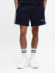 SUMWON Navy Athletic Shorts With Yellow Side Stripes And Logo Detail Men's Summer Casual Sportswear With Side Pockets - Navy Blue - View 4