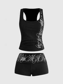 ROMWE Grunge Punk 朋克风交叉标语露脐上衣和超低腰迷你短裤两件套，音乐节穿搭 - 黑色 - 查看 1
