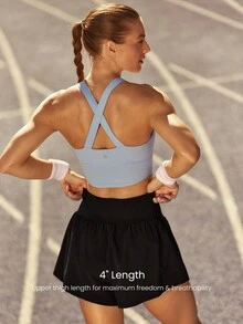 GLOWMODE Quần short chạy bộ VitalSwift Chase Every Mile 4 inch cạp cao, chống cuộn, kiểm soát vùng bụng, nhẹ, nhanh khô, khử mùi, có quần lót tích hợp, thích hợp cho tập luyện, tennis, chạy bộ, tập gym. - màu đen - Xem 3