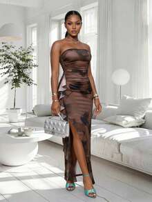 Lureya Damen Mode trägerloses figurbetontes sexy enges Kleid, Blumen Batik Rüschen Saum abstraktes Muster Schlitzkleid, geeignet für Frühling/Sommer Urlaub - Verschiedenfarbig - Übersicht 8