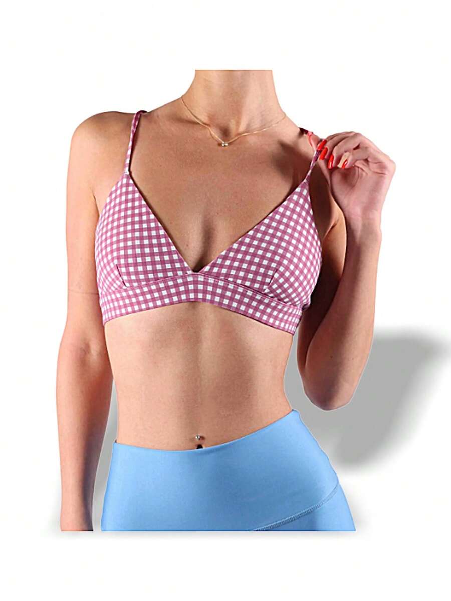 Alo Yoga Bra VAPOR SPLENDOR GINGHAM Sweat Absorption Breathable Lightweight Soft Versatile Easy To Wash Yoga Sports Women Pink White W9437R - RASPBERRY SORBET - 粉色/白色 - 查看 1