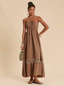 Travachic 1pc Women's Spring/Summer Vacation Sexy Textured Fabric Halter Neck Tie Waist Ruffle Hem Midi Dress - Coffee - View 5